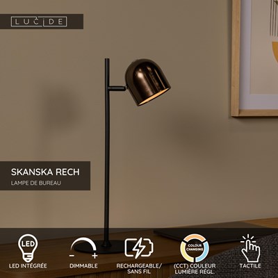 Lucide SKANSKA RECH - Lampe de bureau Rechargeable Intérieur/Extérieur - Batterie/Piles - LED Dim. - CCT - 1x3W 3000K/6000K - IP44 - Café